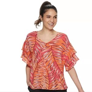 New Apt. 9 Orange/Pink Palm Tropical Tiered Ruffle Fkutter Sleeve Blouse Size 2X